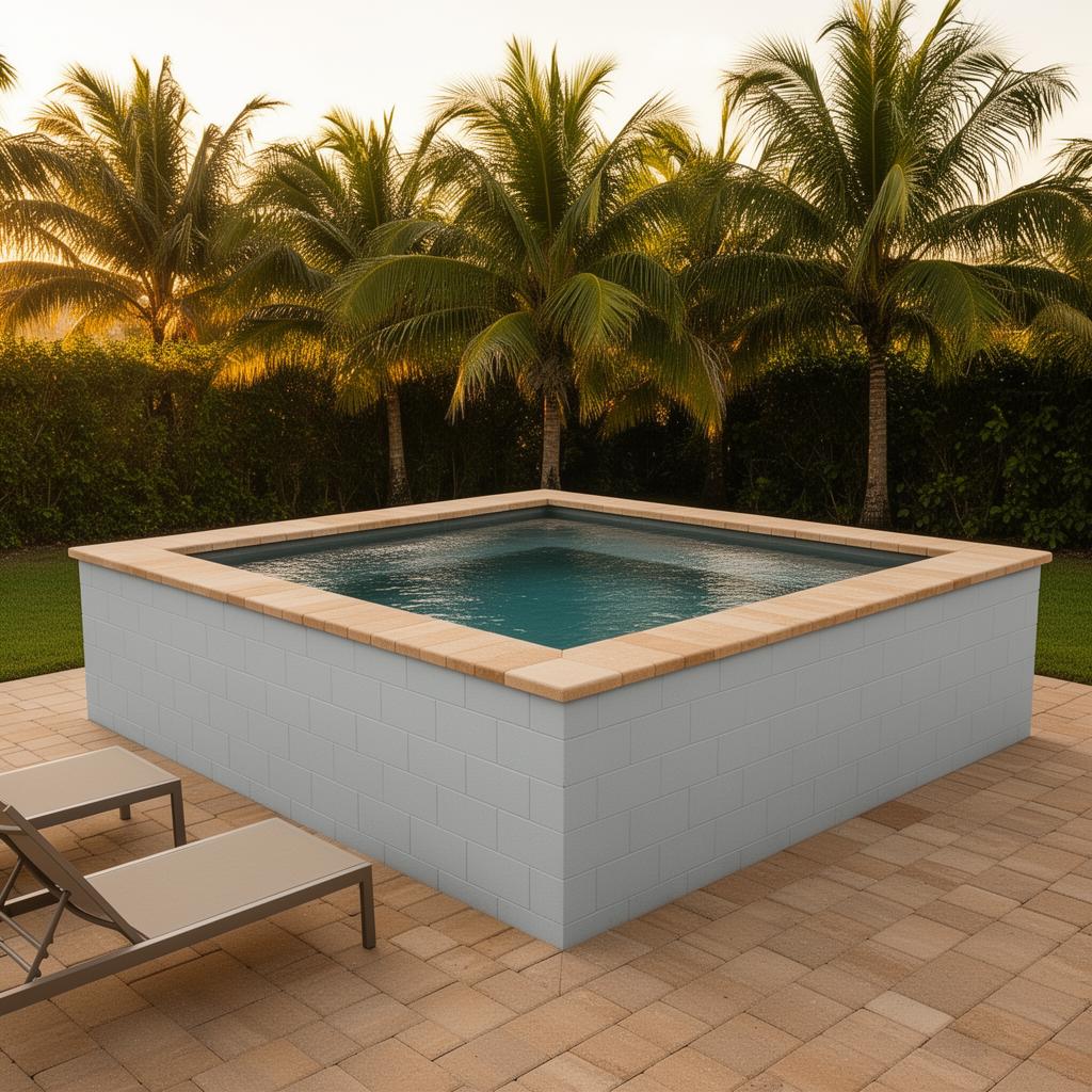Top-down view of a square cocktail pool with paver coping in a Florida backyard