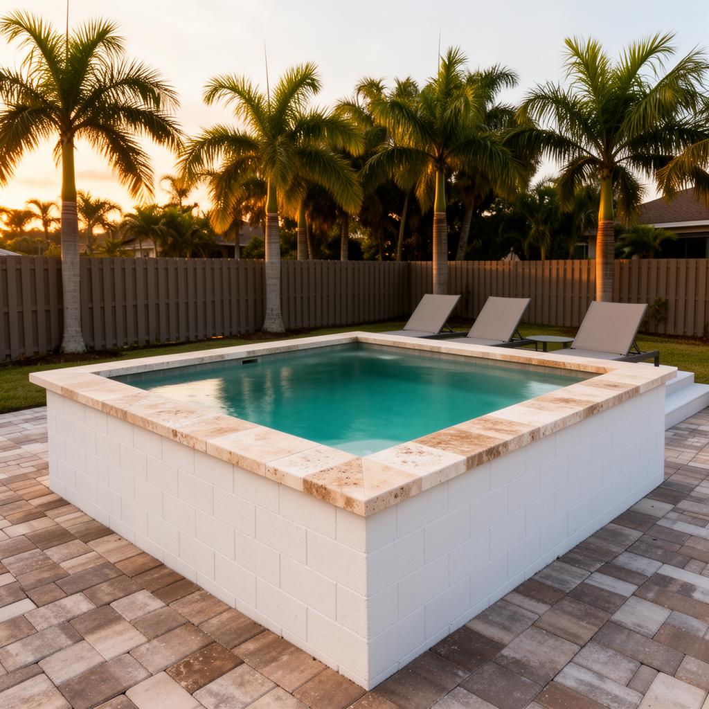 Finished above-ground cocktail plunge pool with travertine coping on a paver patio at golden hour