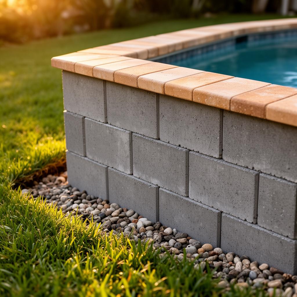 Close-up of cinder-block pool wall meeting paver coping, golden Florida light